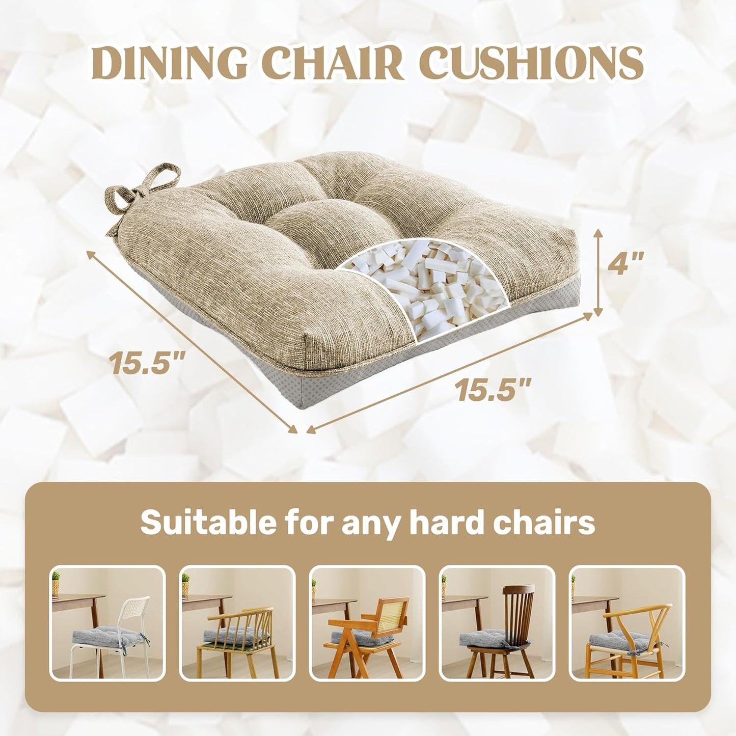 puredown® Chair Cushions for Dining Chairs, Tufted Memory Foam Chair Pads with Non-Slip Backing, Kitchen Seat Cushions with Ties, Washable Seat Pad Set of 4, 15.5" x 15.5" x 4", Khaki