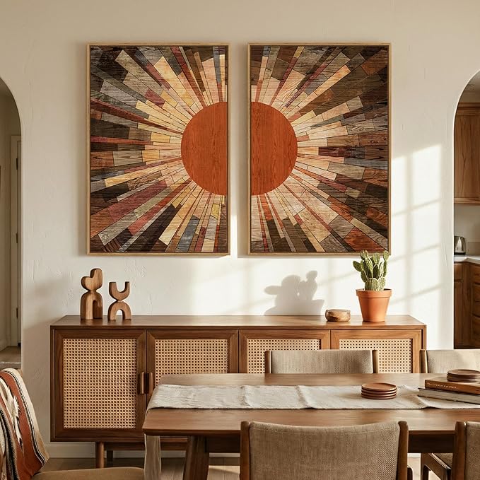Framed Boho Mid Century Sun Wall Art for Living Room, Set of 2 Retro Abstract Sunrise Canvas Artwork for Walls, Vintage Earth Tone Painting Prints Wall Art Decor for Bedroom Hallway Office, 24x36 Inch