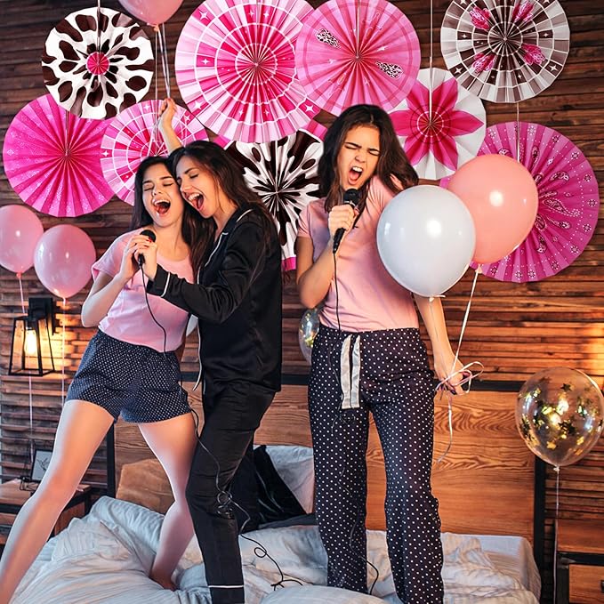 Outus 9 Pcs Disco Cowgirl Party Decorations Paper Fans Western Cowgirl Birthday Decorations Pink Disco Cow Girl Boot Hat Hanging Ceiling Decor for Last Rodeo Cow Girls Bachelorette Party Supplies