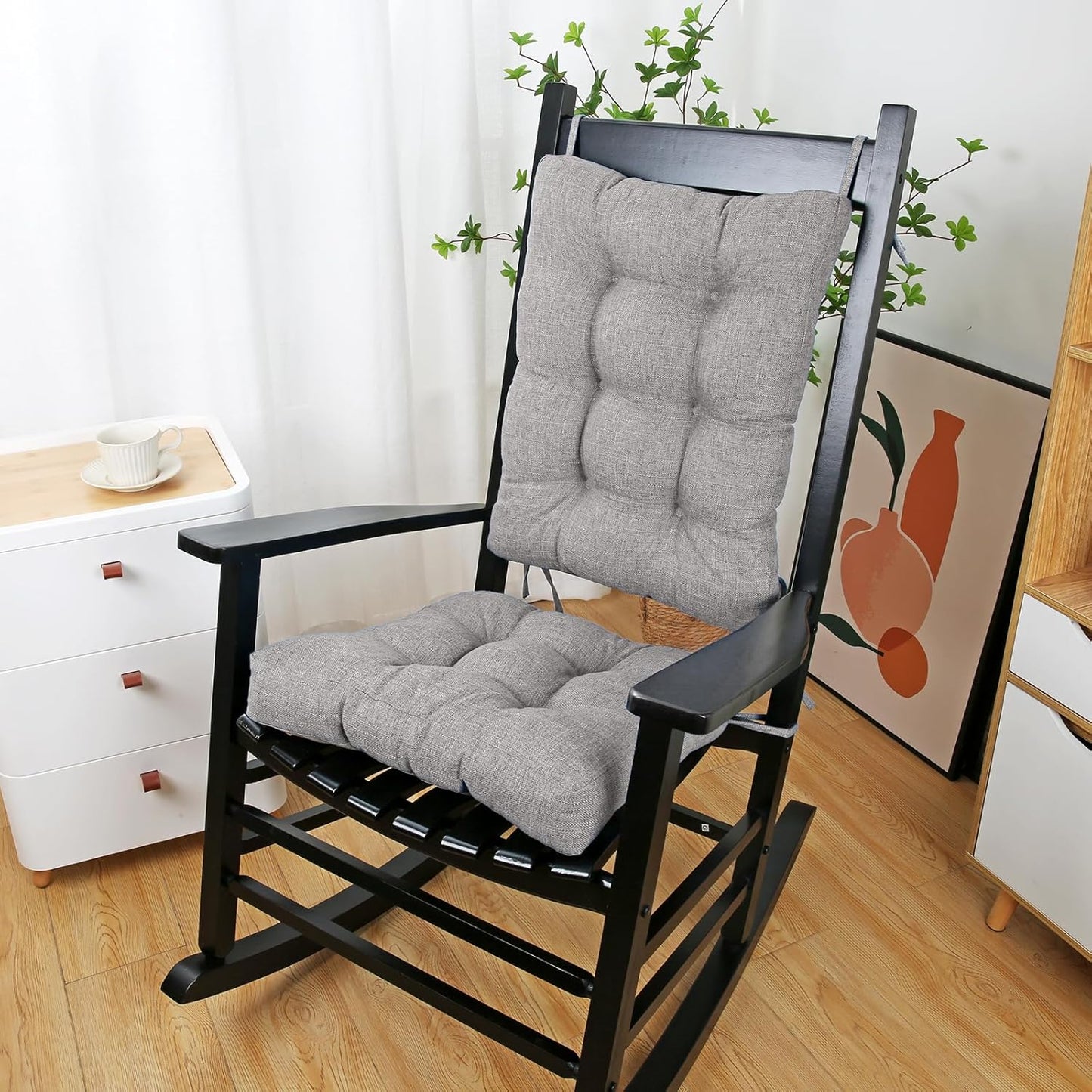 BUYUE Chair Cushion Set for Rocking Chair, Back Pillow & Seat Cushion with Ties, Original Woven Fabric Non-Slip Chair Pads for Elderly Sitting, Light Gray