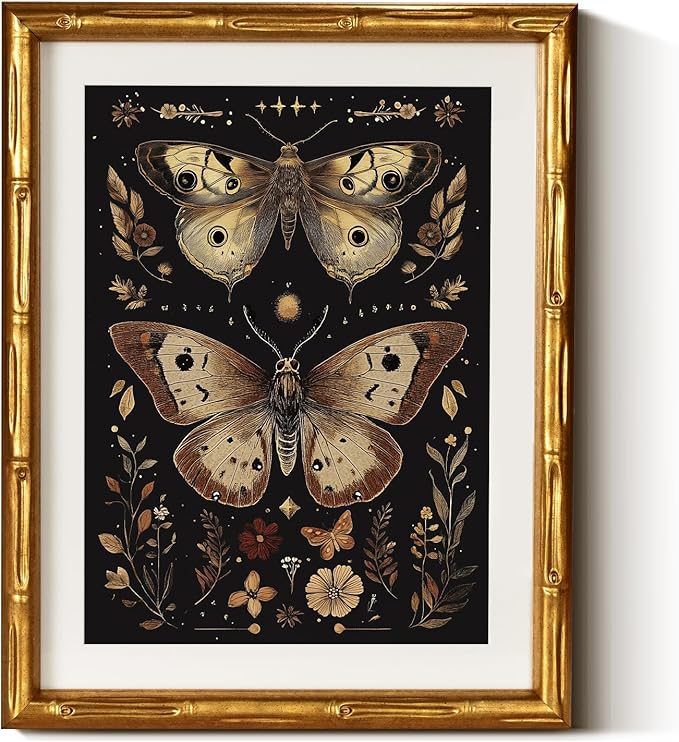 InSimSea Gold Bamboo Framed Canvas Wall Art, Retro Dark Butterfly Animal Paintings, Antique Vintage Picture Frame with Mat, Victorian Home Wall Decor for Living Room Bedroom Gallery, 11x14inch