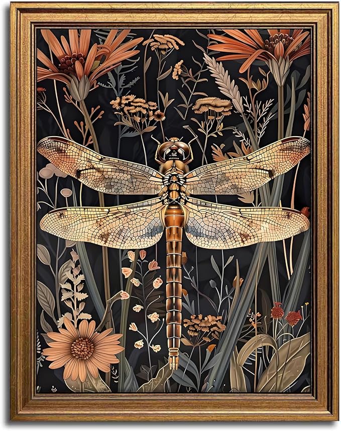Aroutde Gold Framed Dragonfly Canvas Wall Art, Retro Drak Green Dragonfly Flowers Printing, Nature Botanical Artwork for Living Room Bedroom Gallery Decor (10L x 8W, Framed)