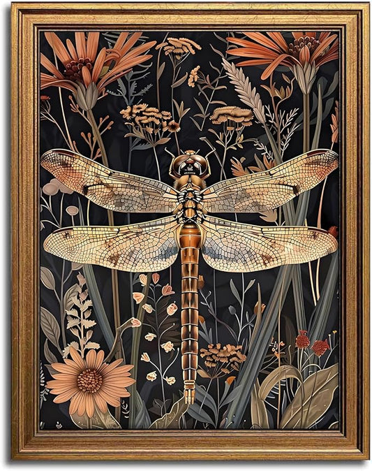 Aroutde Gold Framed Dragonfly Canvas Wall Art, Retro Drak Green Dragonfly Flowers Printing, Nature Botanical Artwork for Living Room Bedroom Gallery Decor (10L x 8W, Framed)