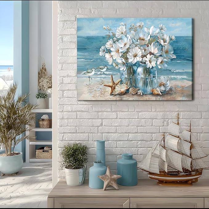 Blue Coastal Beach Bathroom Wall Art Seaside Seashell Starfish Painting Print Mason Jar White Daisies Canvas Picture Wall Decor Seascape Theme Flower Print Artwork for Living Room Bedroom 16x24"
