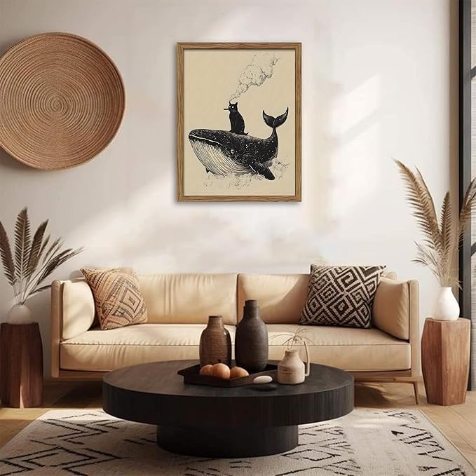 Framed Cat Wall Art, Funny Black Cat Riding a Whale Canvas, Vintage Abstract Oil Painting, Country Home Room Wall Decor, Humorous Pictures Artwork Prints for Living Room Bedroom – 8x10 inch