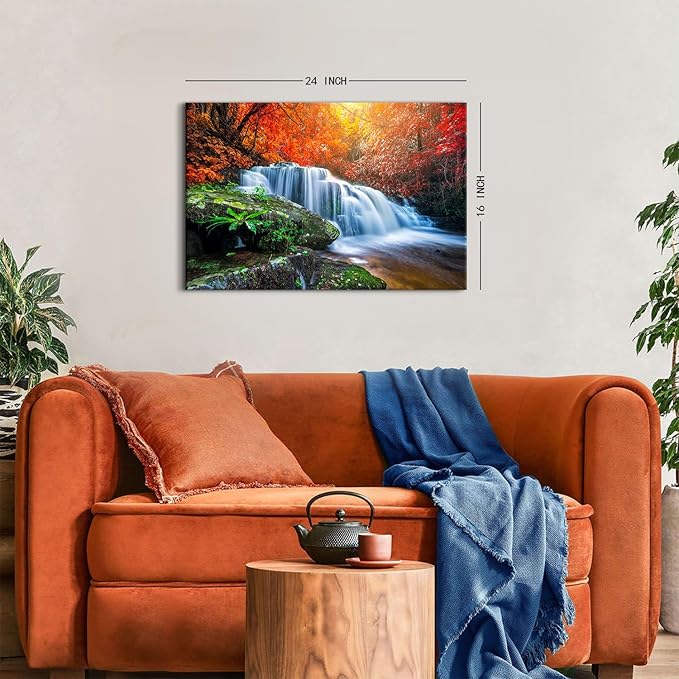 Nature Waterfall Wall Art Mountain Pictures Wall Decor Red Forest Trees Pictures Autumn Stream River Canvas Prints National Park Posters Natural Artwork for Bathroom Living Room Home Decoration 16x24"