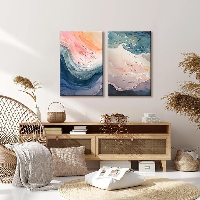 2Pcs framed Mental Health Poster Inhale Exhale Meditation Vintage Abstract Watercolor Canvas Prints Wall Art for Therapy Office Calming Corner Wall Decor 12x16 in