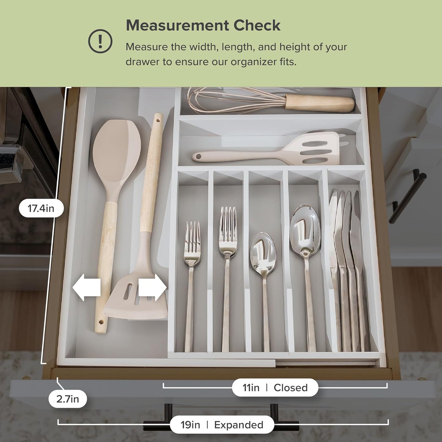 Premium Silverware, Flatware and Utensil Organizer for Kitchen Drawers, Food-Safe Contract Grade, Expandable from 10.5 to 19 In, Gray Bamboo