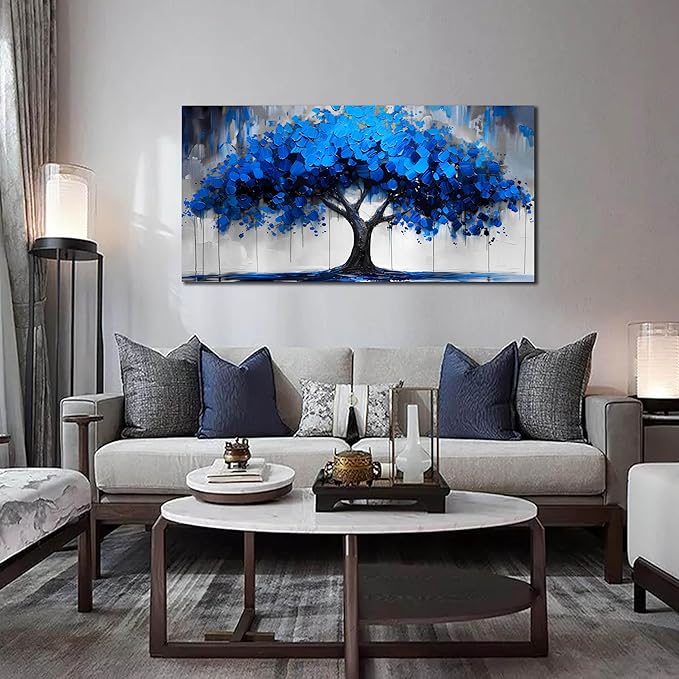 Blue Wall Art Large Tree of Life Wall Art for Living Room Bedroom Office Bathroom Modern Framed Canvas Prints Blue and Grey Picture Size 24x48
