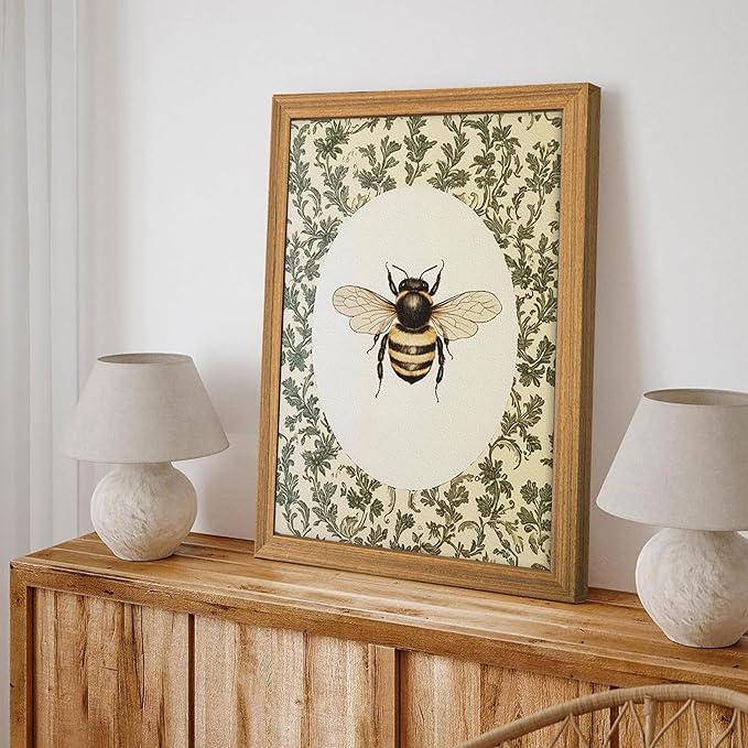 3D Textured Vintage Bee Framed Wall Art, Cottagecore Insect Animal Wall Decor Painting, Rustic Farmhouse Sandstone Botanical Artwork Pictures for Living Room Bedroom 12x16 Inch