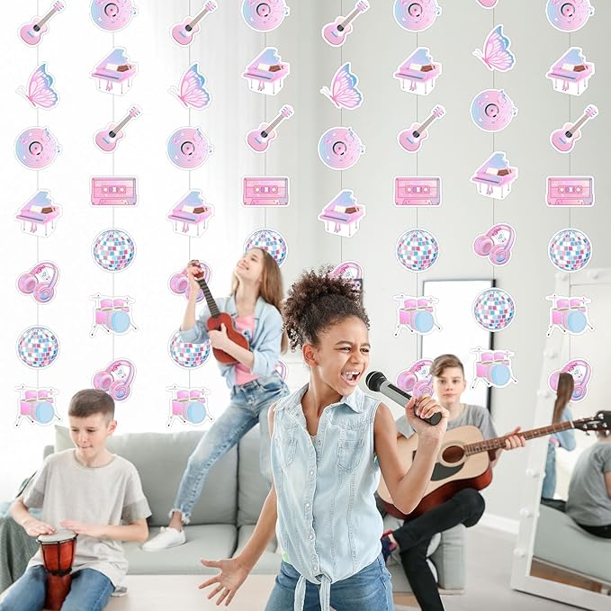 8 Pcs Music Party Decorations Popular Singer Birthday Hanging Garlands Banner Iridescent Holographic Disco Guitar Piano Butterfly Paper Cutouts Streamer for Girls Music Lover Supplies
