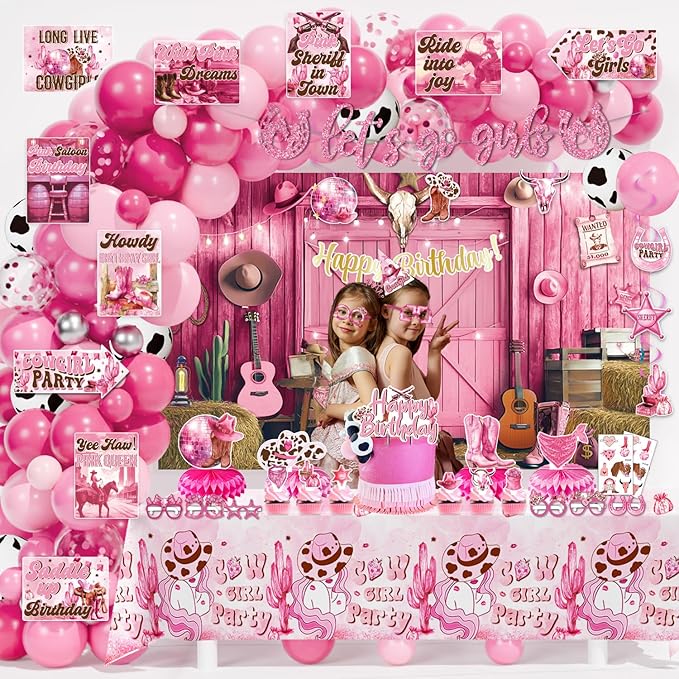Cowgirl Party Decorations, 144 Pcs Pink Cowgirls Cow Girl Bday Party Decor Supplies for Girls - Backdrop, Banner, Tablecloths, Centerpieces, Paper Glasses, Hat, Stickers, Wall Signs
