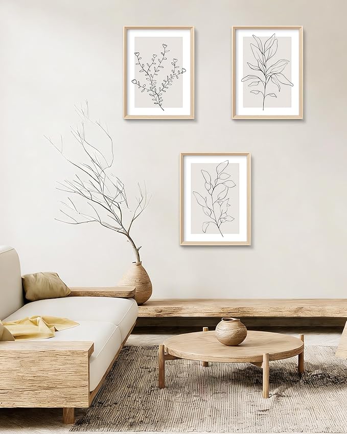 HesenDot 12x16in Botanical High Framed Wall Art Set of 3, Minimalist Line Drawing Plant Canvas Prints, Neutral Modern Nature Wall Decor for Living Room Bedroom Bathroom Office