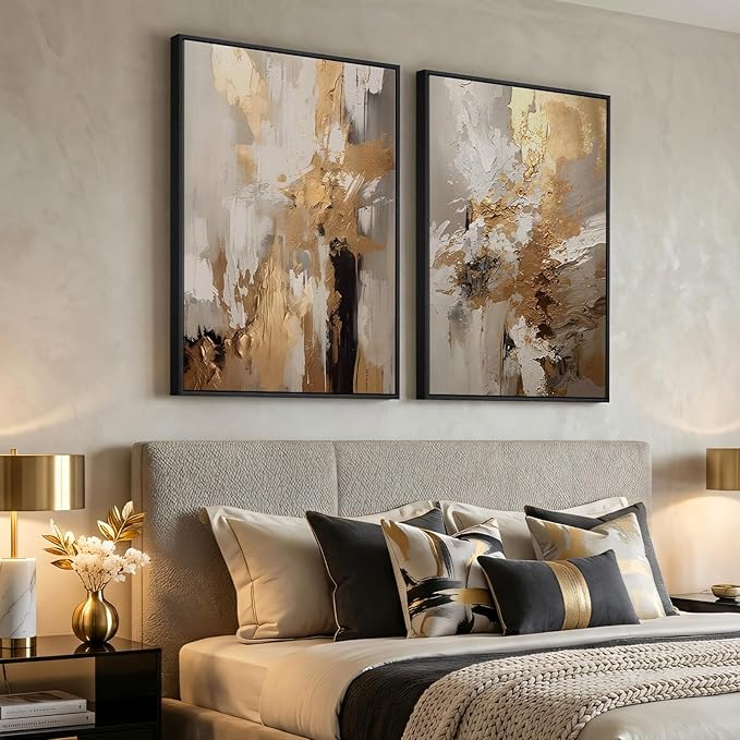 Large Framed Neutral Abstract Wall Art, 2 Piece Modern Canvas Prints Paintings, Beige Gold Abstract Pictures for Living Room Hallway Dining Room Bedroom Office Wall Decor 24x36 In