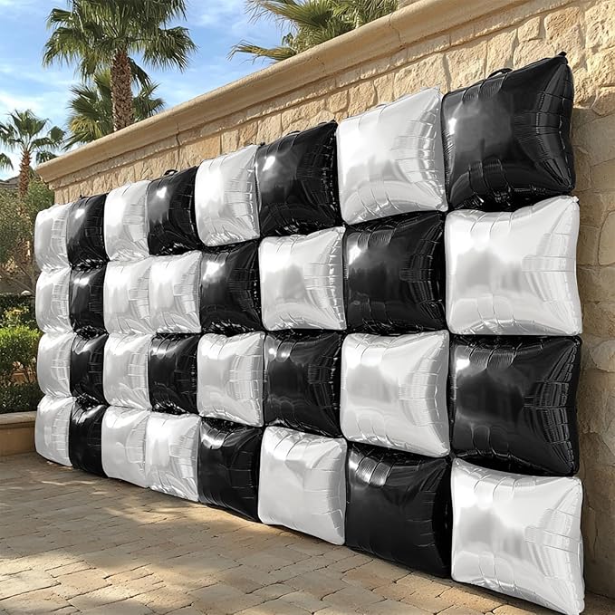 NISOCY 25PCS Black White Square Foil Balloons Wall Backdrop Double Sided Black Pearl White Balloons Arch Kit for Birthday Wedding Anniversary Bridal Baby Shower Graduation Party Decorations