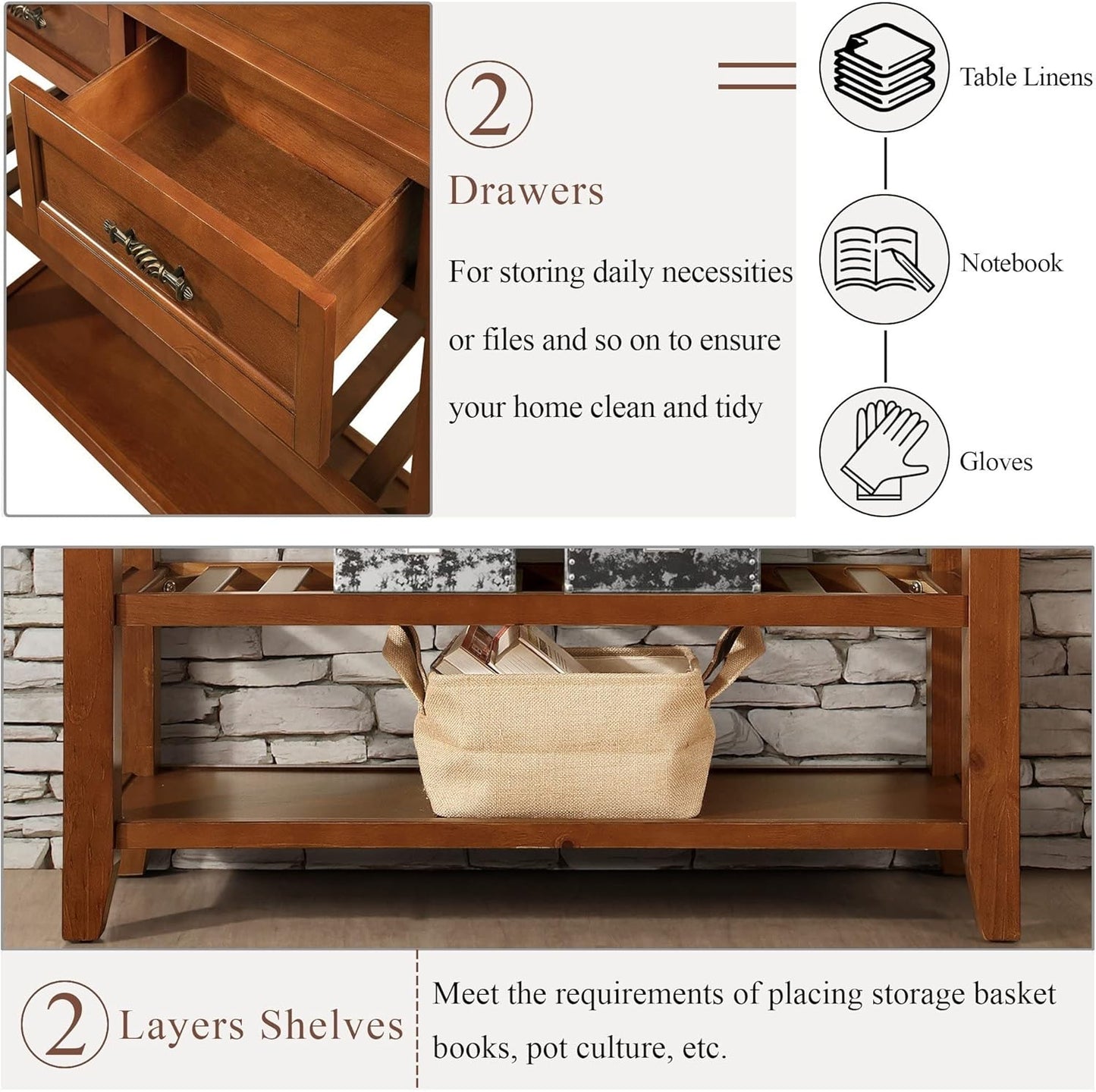 Solid Wood Console Table Entryway Table with Storage Drawers and Shelves Sofa Tables (42" Brown)