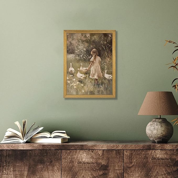 Wood Framed Canvas Wall Art, Vintage Girl with Ducks Painting Poster, Countryside Pastoral Landscape Print Picture, Rustic Farmhouse Wall Decor for Living Room Bedroom Nursery 16x24 inch