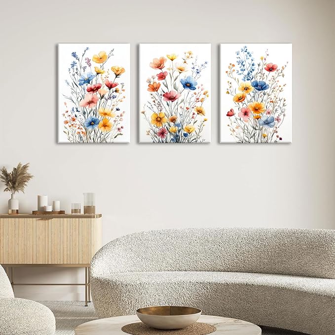 okudolit Colorful Wildflower Framed Canvas Wall Art Set Of 3 Flowers Pictures Prints Flowers Printing Floral Watercolors Flower wall Decor Living Room Bedroom Dinning Room Farmhouse Office-16 x24in