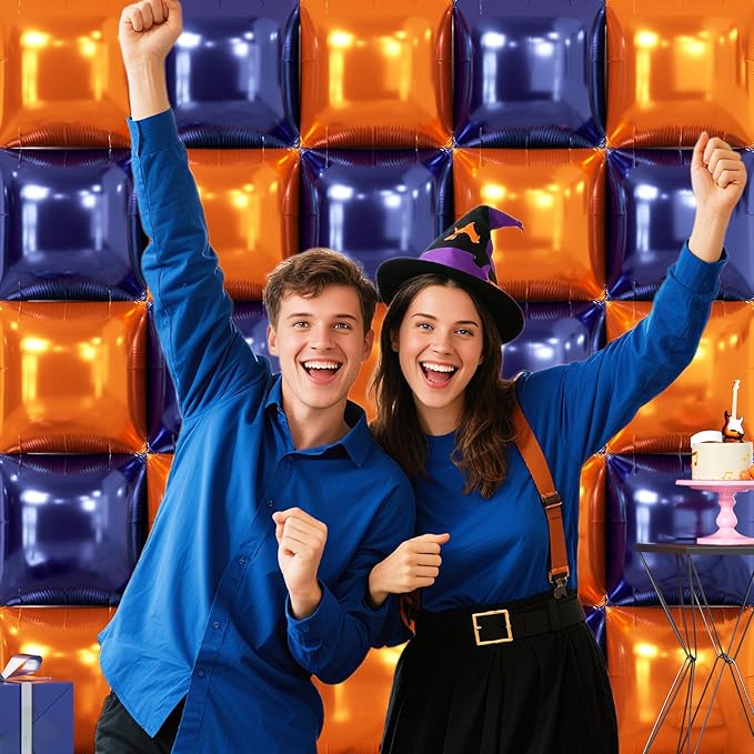 NISOCY 25PCS Navy Blue and Orange Square Foil Balloons Wall Backdrop Double Sided Orange Navy Blue Balloons Arch Kit for Birthday Graduation Anniversary Baby Shower Kids Party Decorations