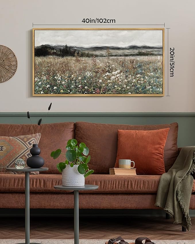 SHENIFY Vintage Landscape Framed Wall Art Meadow Flowers Farmhouse Decor Retro Classic Painting for Hallway Bedroom Living Room Dining Room - 20x40in Natural Framed