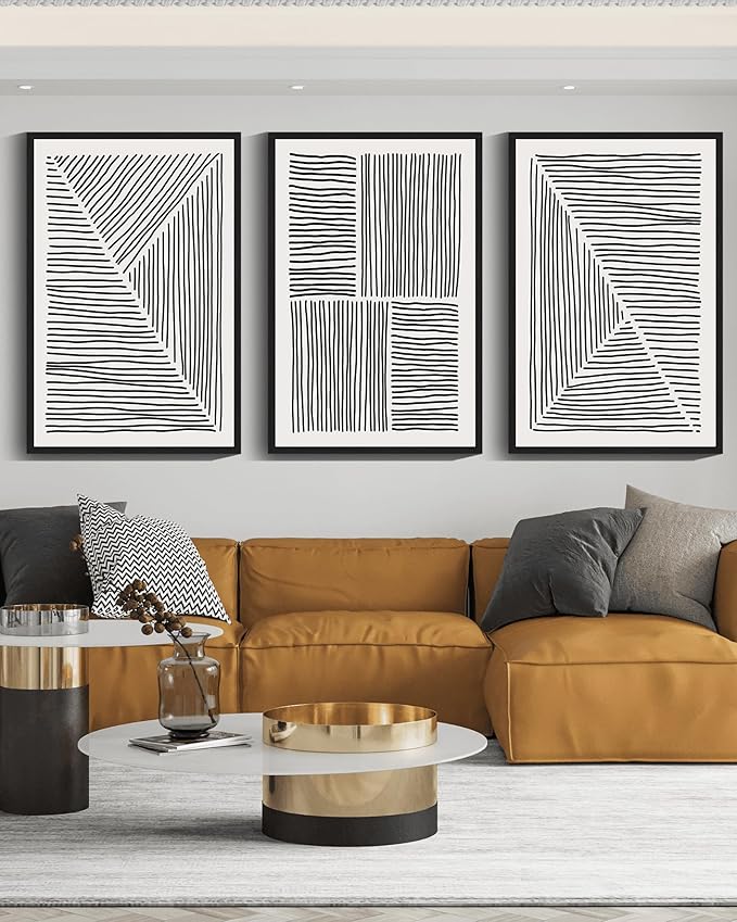 Drsoum Mid-Century Modern Framed Wall Art Large 24x36in Minimalist Abstract Boho Black Line Wall Decor Geometric Artwork Kitchen Dining Room Black Framed
