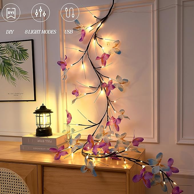 Willow Vine Light with Butterfly 48LED 5.9FT Enchanted Wall Decoration Vine Lights 8 Light Modes for Indoor Home Wall Decoration(Warm White)