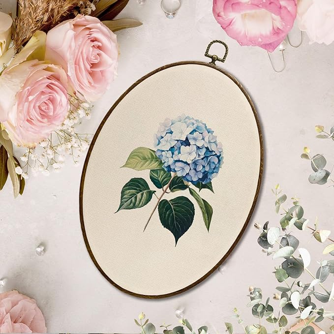 JQF Vintage Blue Hydrangea Floral Oval Wall Decor, Cottagecore Hydrangea Flower Oval Canvas Wall Art, Rustic Farmhouse Floral Framed Prints Hanging Decor for Home Bedroom Living Room, 8.5x11.5 Inch