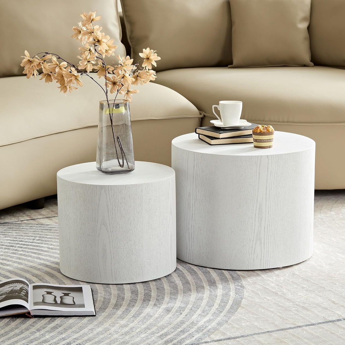 WILLIAMSPACE 18.9" White Nesting Coffee Table Set of 2, Modern Black Round Coffee Tables Circle Side Table for Small Space, Accent End Table Set, No Assembling, White Wood Grain