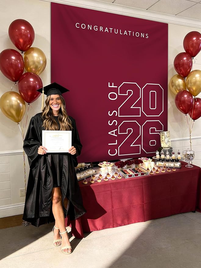 Class of 2026 Graduation Banner 5X6feet - Large CONGRATS GRAD Polyester Banner, Photo Backdrop & Wall Decor for Commencement Party Supplies, Marnoon and White Graduation Party Decorations for High School & College