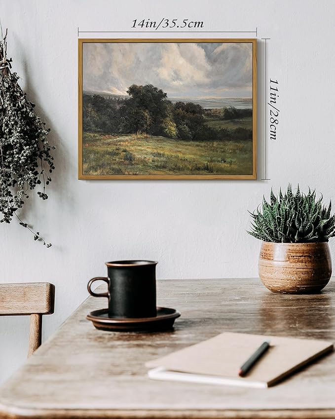 SHENIFY Vintage Landscape Framed Wall Art Rustic Countryside Meadow Farmhouse Decor Retro Vast Grassland Painting for Kitchen Living Room Bedroom Bathroom - 11x14in Natural Framed
