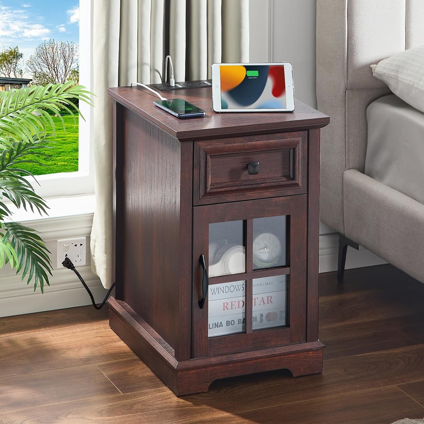Farmhouse XXL End Table with Charging Station, Side Table with USB Ports and Outlets, Nightstand with Drawer and Glass Door Storage, Cherry Bedside Tables for Living Room, Bedroom, Office