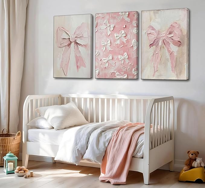 3Pcs Trendy Pink Bow Canvas Wall Art Vintage Cute Preppy Watercolor Bow Painting Pictures Wall Decor Posters Prints Girly Aesthetic for College Apartment Bedroom Decoration