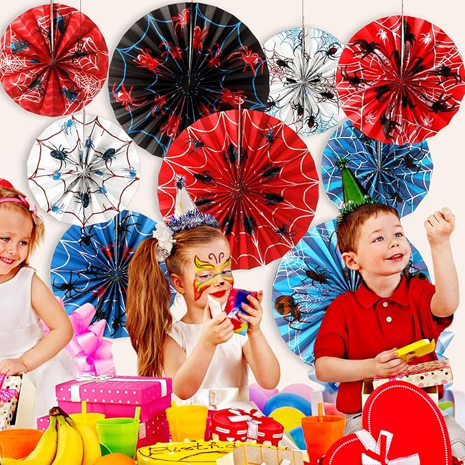 Outus 9 Pcs Spider Web Birthday Party Decorations Spider Paper Fans Party Decorations Red White Blue Black Hanging Ceiling Decor Wall Backdrop Garland Halloween Web Themed Birthday Supplies