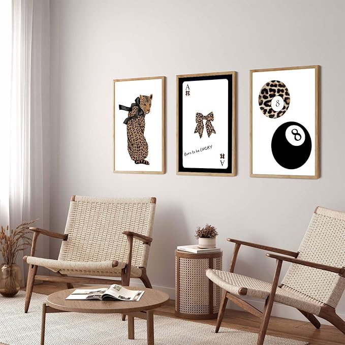 Set of 3 Trendy 8 Ball Leopard Wall Art Ace Card Bow Wall Decor Pictures Funky Born To Be Lucky Posters Prints Preppy Aesthetic Cheetah Room Decor for Girls Bedroom Apartment Dorm Unframed 16x24in