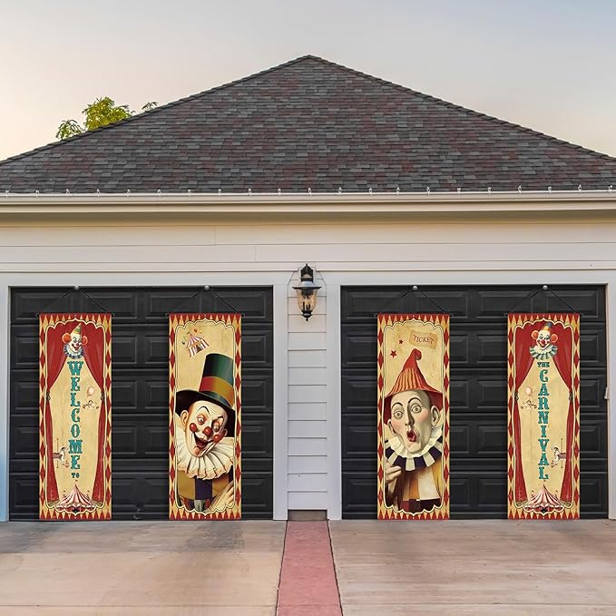 Tiamon 4 Pcs Vintage Christmas Halloween Carnival Porch Banners Retro Santa Clown Stretching Portraits Wall Decorations Gothic Porch Sign Backdrop for Xmas Indoor Outdoor Hanging Decor (Circus)