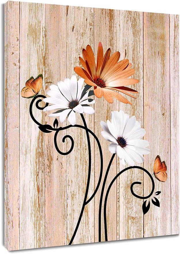 HVEST Orange Daisy Wall Art Vintage Floral and Butterfly on Rustic Wooden Canvas Wall Art Farmhouse Plant Wall Art for Living Room Bathroom Bedroom Office Decor, 10Lx8W Inches