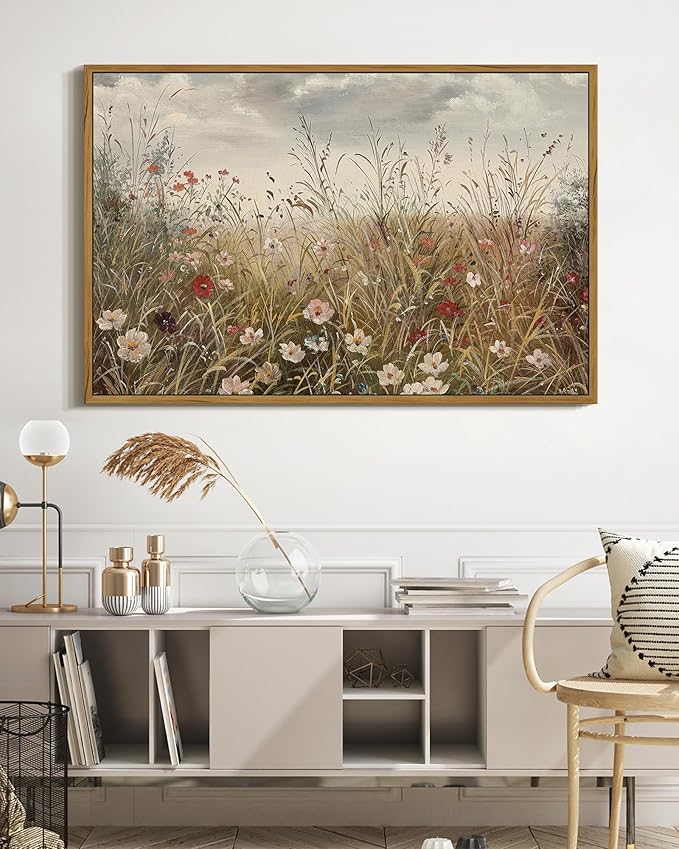 SHENIFY Vintage Landscape Framed Wall Art Meadow with Flowers Farmhouse Decor Retro Wildflower Field Scenery Painting for Hallway Living Room Bedroom Dining Room - 16x24in Natural Framed