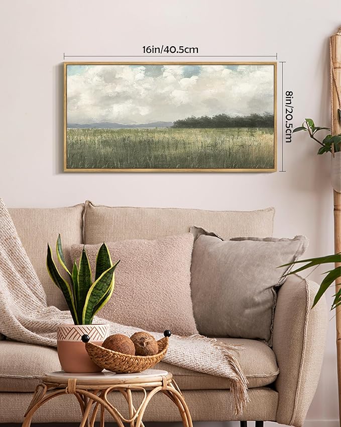 SHENIFY Vintage Landscape Framed Wall Art Country Meadow Scenery Farmhouse Decor Retro Painting for Bedroom Living Room Ready to Hang Wall Artwork - 8x16in Natural Framed