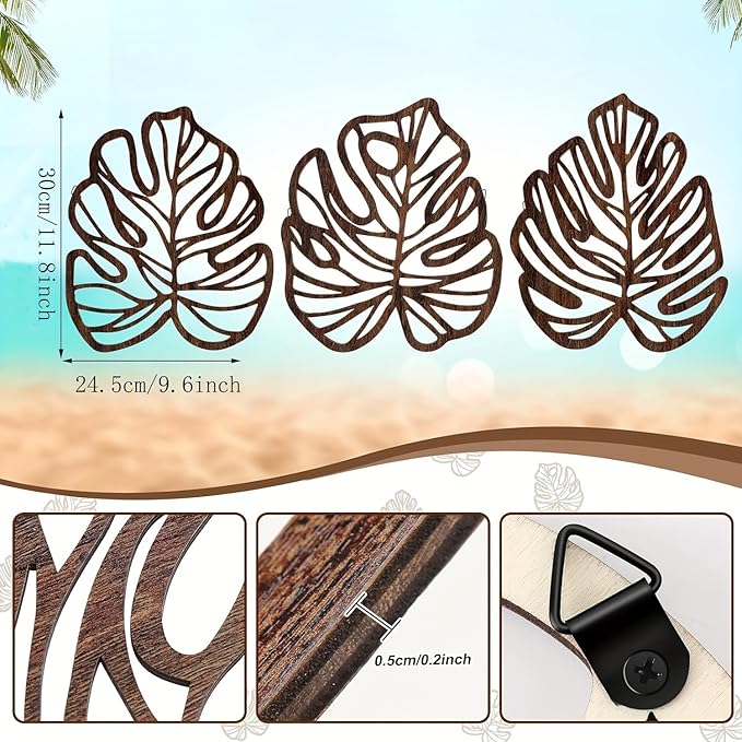 Palm Leaves Wood Wall Decor , 3Pcs Tropical Wall Art Jungle Decor, Wooden Natural Leaves Plant Wall Decor, Vintage Tropical Plant Plaque for Home Living Room Kitchen Bedroom Bathroom & Garden, Brown