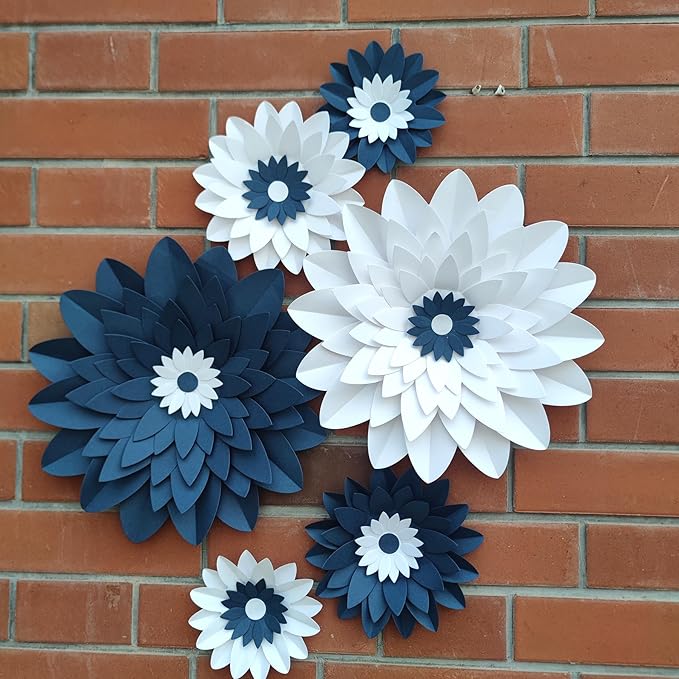 Navy Blue and White Paper Flowers for Baby Boy Shower Nautical Wedding & Bridal Shower Birthday Bachelorette Navy Blue Anniversary Party Decorations 12"-5" Pack of 6