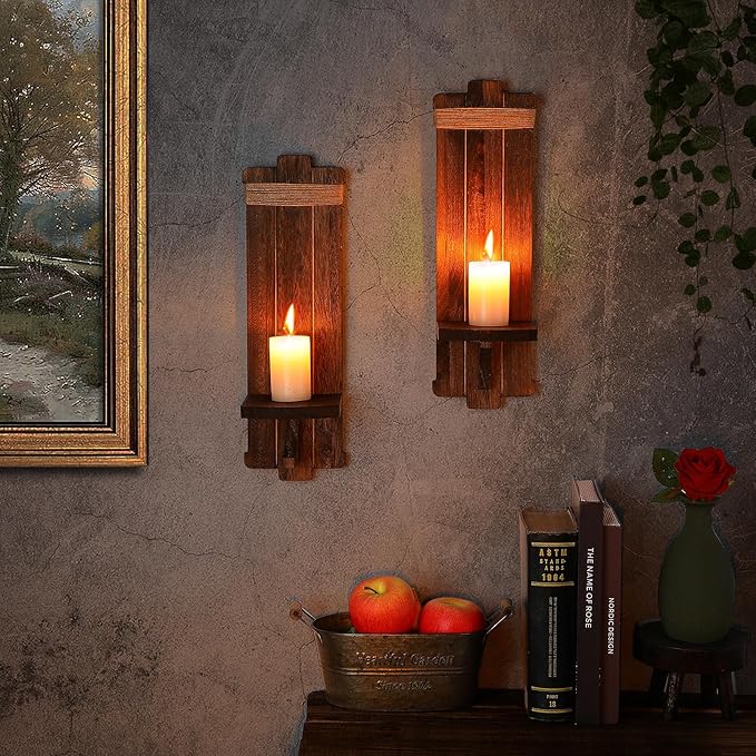 Farmhouse Wall Decor Candle Sconces - 2 Pcs Vintage Rustic Handmade Wooden Wall-Mount Candle Holders for Bedroom Living Room Bathroom Home Hanging Art Decorations Accessories Gifts, Brown