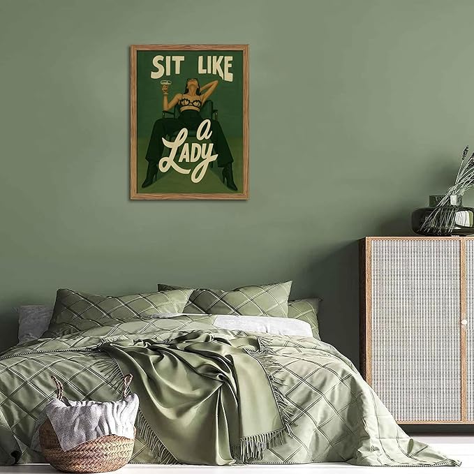 Framed Feminist Wall Art, Vintage Sit Like a Lady Green Wall Decor, Bold Girl Power Feminine Poster Print, Retro Empowering Female Canvas Painting Aesthetic for Bedroom Dorm 8x10 inch