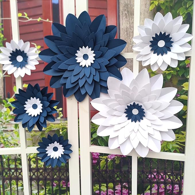 Navy Blue and White Paper Flowers for Baby Boy Shower Nautical Wedding & Bridal Shower Birthday Bachelorette Navy Blue Anniversary Party Decorations 12"-5" Pack of 6