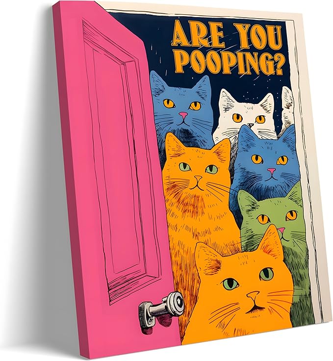 Yaneiro Funny Bathroom Cat Canvas Wall Art, Framed Cute Cat Prints Posters Wall Decor, Are You Pooping Sign Animal Pictures for Living Room Bedroom Toilet Kids Room Wall Paintings 16x24 in