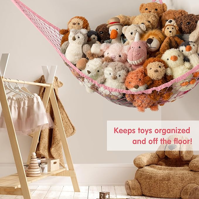 Stuffed Animal Storage Hammock Net Corner - Large Toy Hammock Net for Stuffed Animals Room Decor - Cute Stuff Animal Organizer Holder for Plush Plushie - Kids Baby Nursery Wall Bedroom Home Decor