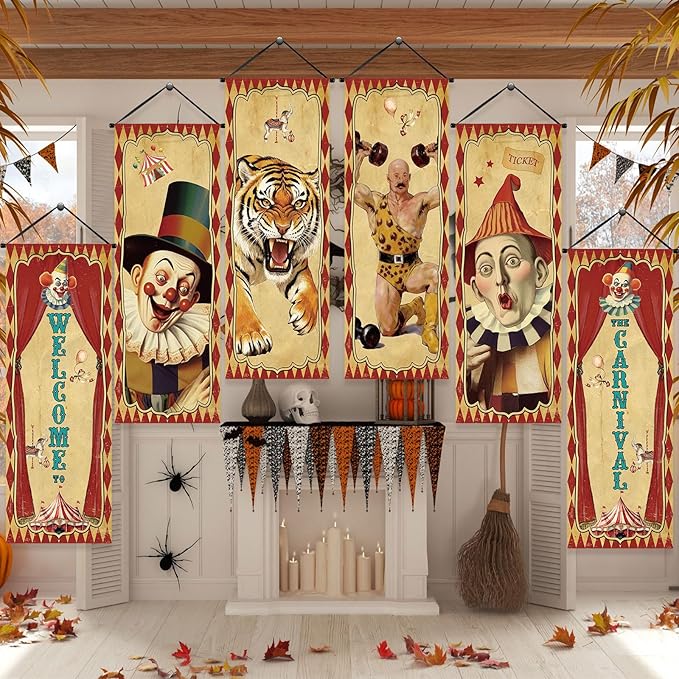 Tiamon 6 Pcs Vintage Christmas Halloween Carnival Porch Banners Retro Santa Clown Stretching Portraits Wall Decorations Gothic Porch Sign Backdrop for Xmas Indoor Outdoor Hanging Decor (Circus)