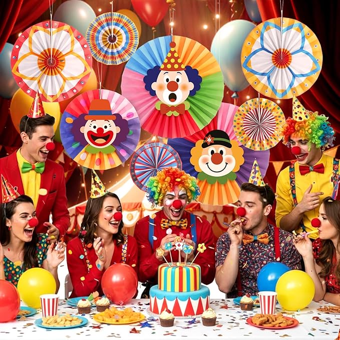 Outus 13 Pcs Carnival Party Decoration Set Hanging Circus Theme Party Ceiling Classroom Decorations with Clown Face Cutouts Carnival Circus Hanging Paper Fans Decor Birthday Favor Supply