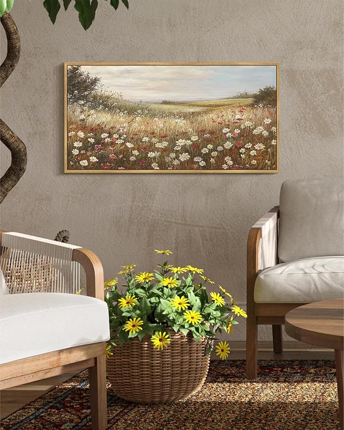 SHENIFY Vintage Framed Wall Art Meadow with Flowers Landscape Scenery Home Decor Retro Wildflower Field Decorations for Farmhouse Bedroom Ready to Hang Wall Artwork - 8x16in Natural Framed