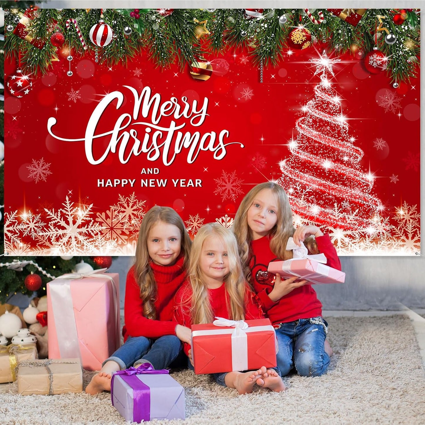 Irenare Christmas Backdrop Merry Christmas Banner Party Decoration Xmas Photography Background Photo Props for Winter Holiday New Year Eve Family Party Decoration Supplies(Tree)