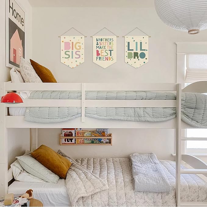 Boy Nursery Decor Canvas Banner, Brothers Playroom Wall Art Decorations, Boho Twin Room Sign, Lil Bro Big Bro, Sage Green Blue Kids Room Sibling Wall Hanging Pennant Flag Banner